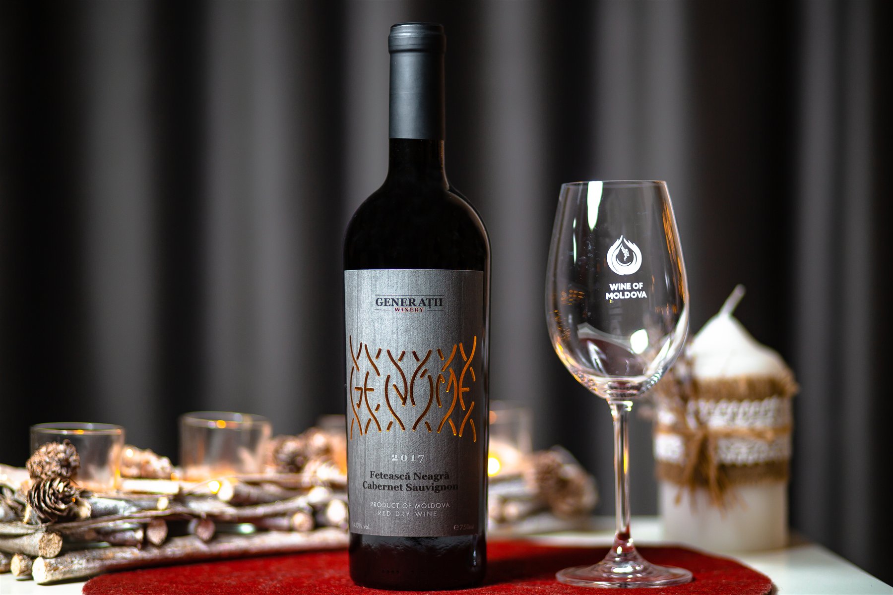 2017 Generatii VIP Fetească Neagră and Cabernet Sauvignon bottle with horizontal DNA symbol